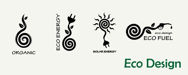 Environmental design. A set of templates for creating logos, emblems on the theme of ecology, organics, alternative fuels, solar energy.