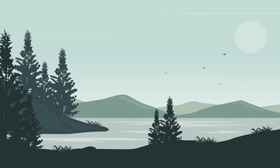 A fresh morning atmosphere on the riverbank with a beautiful background of mountains and trees. Vector illustration