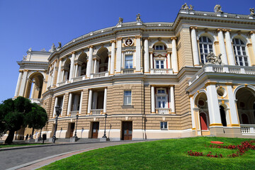 Fototapeta na wymiar Beautiful panoramic view of the Odessa State Academic Opera and Ballet Theater in the morning without people. Building for art, landmark, building in the style of the baroque