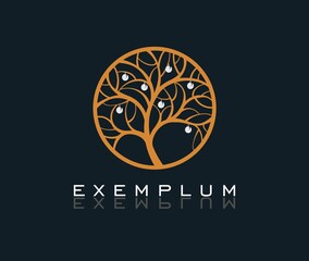 Golden tree with silver apples. Nature trees vector illustration logo design. Ornamental round monogram, template for creating logos, labels, chevrons.