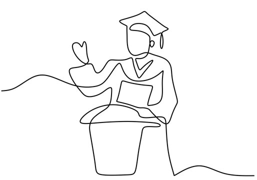 Continuous line art drawing of graduation student made a speech. Young man student standing and speech to audience at the graduation ceremony drawn by hand picture silhouette. Vector illustration