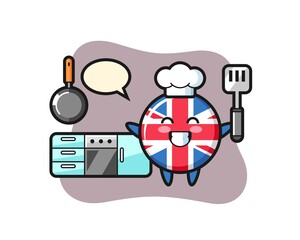 United kingdom flag badge character illustration as a chef is cooking