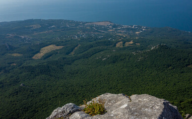 Fototapeta na wymiar View of the Black Sea coast from a high cliff of the South Coast of Crimea.