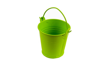 Empty green metal bucket on a white background.