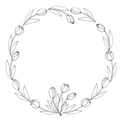 Fototapeta na wymiar Vector round frame, wreath from outline tulips. Spring flowers. Hand drawn doodle isolated. Background, border, decoration for greeting card, invitation, Valentine's, Women's or Mother day