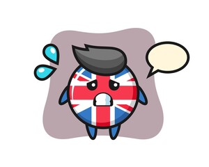 United kingdom flag badge mascot character with afraid gesture