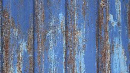 Fototapeta na wymiar part of a wooden or metal fence with an old staining in a bright blue color, with a brown rust texture and traces of moisture in the structure of the material, retro background full frame
