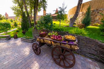 Farm cart. There are baskets with fresh fruits and vegetables