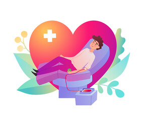 Vector neon illustration of blood donation concept with man giving blood