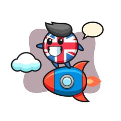 United kingdom flag badge mascot character riding a rocket