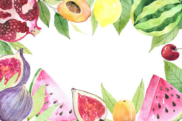 Mixed Tropical Fruits, Frame, Border. colorful square background with watercolor fruits. Background for packaging, cards and posters.