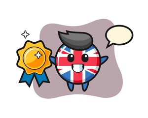 United kingdom flag badge mascot illustration holding a golden badge