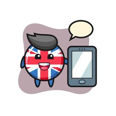 United kingdom flag badge illustration cartoon holding a smartphone