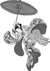 浮世絵　傘で飛ぶ和服美人　その1