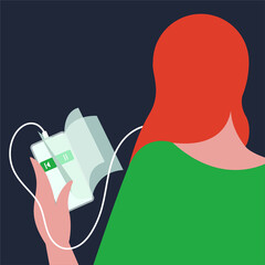 vector illustration of a girl listening to an audiobook online using a phone.imitation of turning pages of a virtual book.can be used as an element of web design, icons, banners for audiobook services