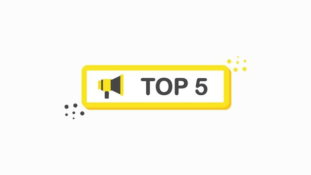 Megaphone TOP 5 banner in flat style on white background on white background. Year anniversary. Motion graphic.