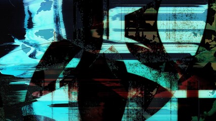 Trippy grunge cyberpunk anime manga HUD Glitch Background. 3D illustrated computer screen system failure, chaos, cybercrime, or matrix gaming style. Interference noise motion abstract digital hologram