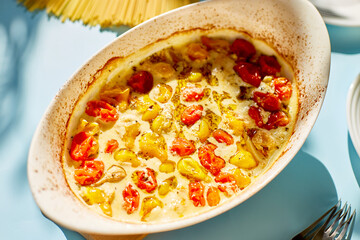 Trending viral recipe of baked tomatoes and feta with pasta, Fetapasta on a blue background sunlight, hardlight . New, popular dinner dish, Top view, copy space..