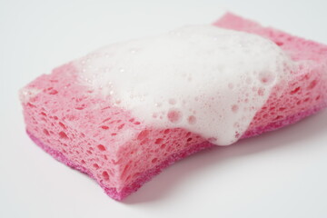 Pink cleaning sponge in soap foam on white background