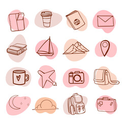 
travel doodle icon set for stories covers