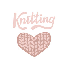 
word knitting and knitted heart on the white background