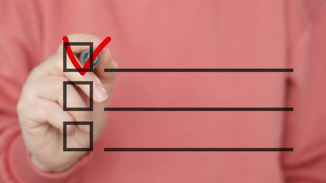 Female hand checking red marker to do list on transparent background. Checkmark check box. Woman writing red tick in question form front camera
