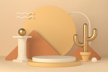 Boho interior minimal scene with podium and geometric forms 3d vector illustration