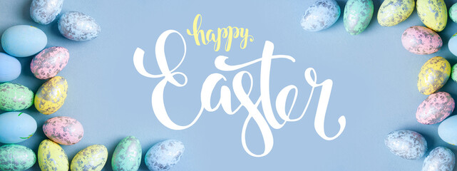 Happy Easter. Congratulatory easter background. Selective focus. Banner. Flat lay. Horizontal.