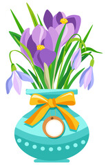 A bouquet of crocuses and snowdrops with leaves in a vase, violet saffron flower. Spring flowers flat illustration used for poster, postcard, congratulation, magazine, web pages. Vector isolated.