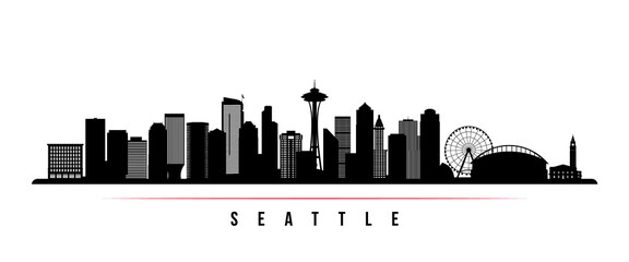 Seattle skyline horizontal banner. Black and white silhouette of Los Angeles, California. Vector template for your design.