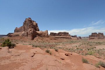 Scenic view of the red rock sandstone formations at Arches National Park in Utah