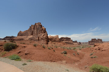 Scenic view of the red rock sandstone formations at Arches National Park in Utah