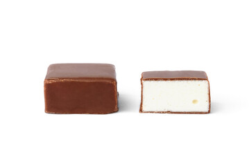 Two chocolate candies bird's milk with milk souffle isolated on white background.