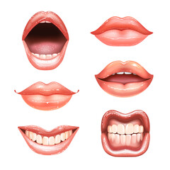 6 shining beautiful female nude lips with teeth for different designs. Pink lipstick color. Relaistic vector illustration.