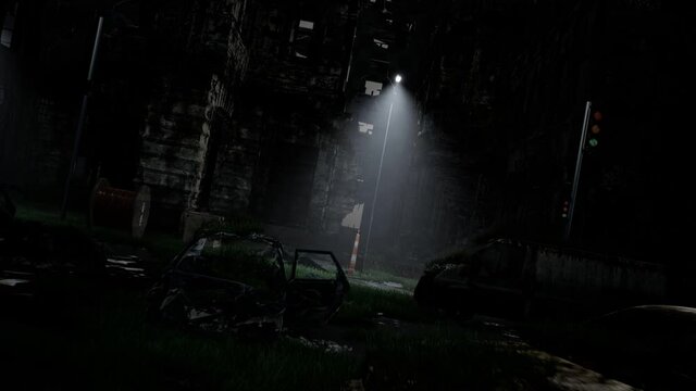 Post apocalyptic ruins city through