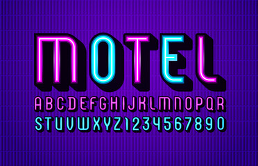 3D modern Font, trendy bright alphabet, condensed letters and numbers of neon color, vector illustration 10eps