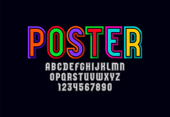 Font from multi colored, trendy bright alphabet, modern condensed capital Latin letters from A to Z and Arab numbers from 0 to 9, vector illustration 10EPS