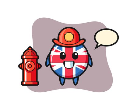 Mascot character of united kingdom flag badge as a firefighter