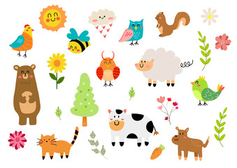 Fototapeta premium Cute spring animals and spring element collection .