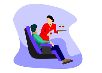 Vector illustration of a flat image of a flight attendant serving or offering a drink to passengers on an airplane, or an executive train