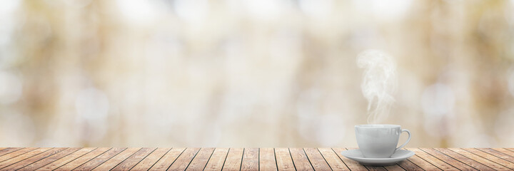 hot coffee on the table on a winter background