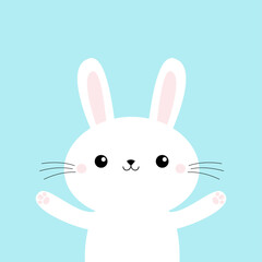 Rabbit bunny holding paw print hands up. Happy Easter. Cute kawaii cartoon funny baby character. White farm animal. Flat design. Blue background. Isolated.