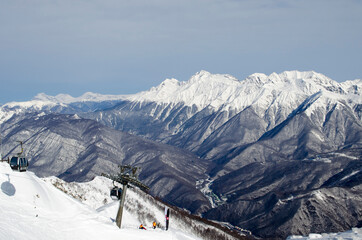 View from the peak of the  mountains in the ski resort Rosa Khutor Russia