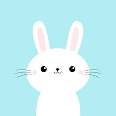 Cute bunny rabbit face head. Cartoon kawaii funny smiling baby character. Long ears. Farm animal collection. Happy Easter. Spring greeting card. Flat design. Blue background. Isolated.