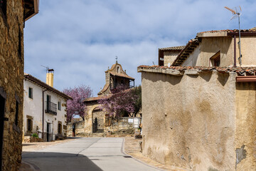 Scenic view of the church of Horcajuelo de la Sierra in Madrid in spring