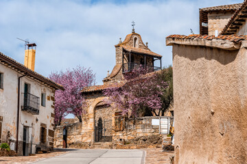 Scenic view of the church of Horcajuelo de la Sierra in Madrid in spring