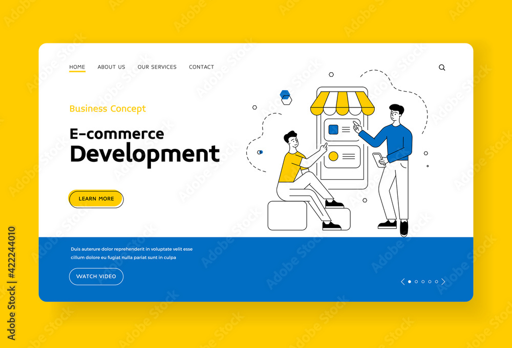 Poster e-commerce development banner template. cartoon people characters developers are working on creating