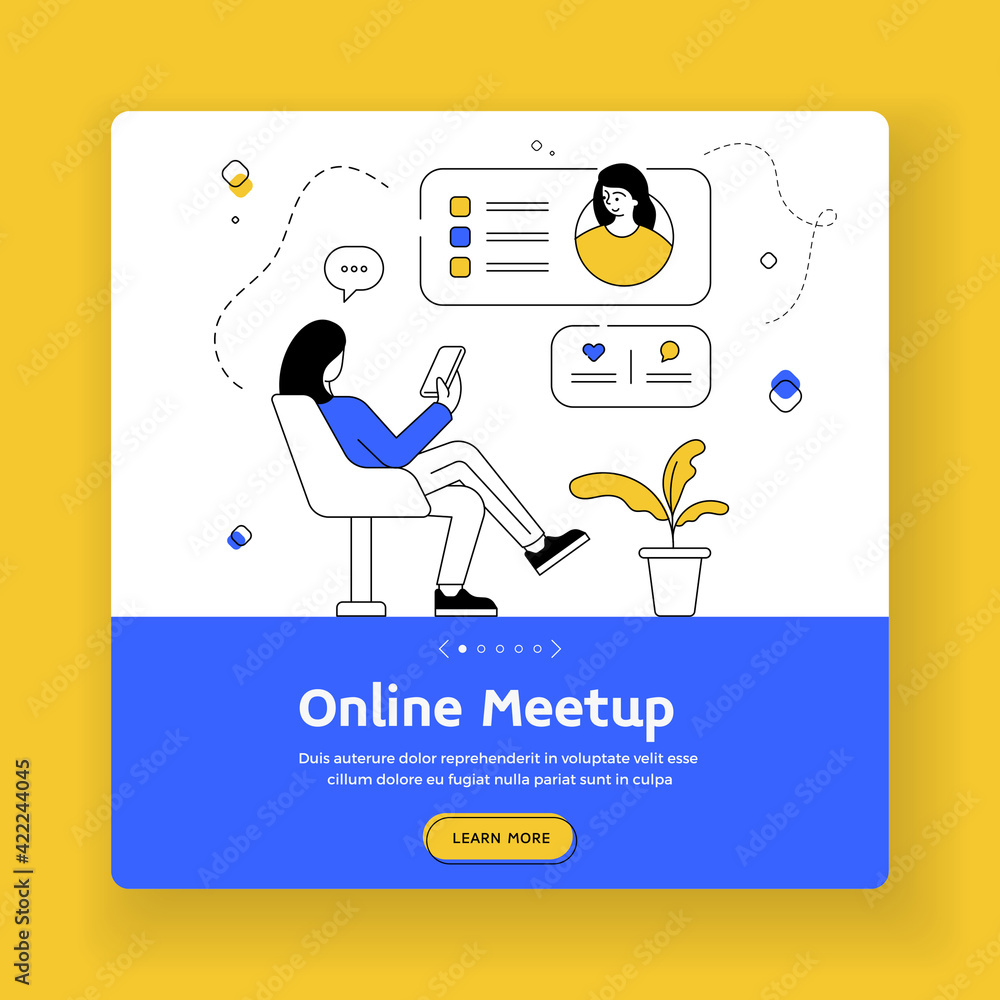 Poster online meetup square banner template. flat vector illustration of linear woman using smartphone to t