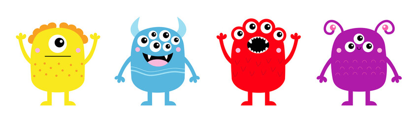 Happy Halloween. Monster icon set line banner. Cute kawaii cartoon baby character. Funny face head colorful silhouette. Hands up, down. Eyes teeth fang horn tongue. Flat design. White background.