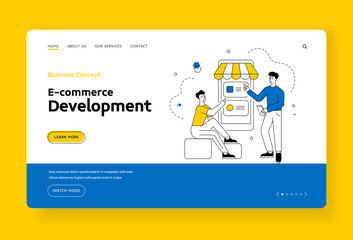 Obraz na płótnie Canvas E-commerce development banner template. Cartoon people characters developers are working on creating a new mobile online store application. Line art flat vector illustration
